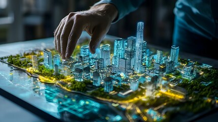 Obraz premium City Planner Using Holographic Interface to Design 3D Urban Landscapes with Buildings Parks and Infrastructure