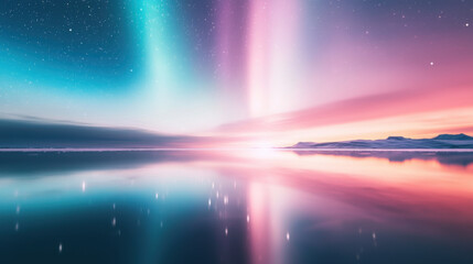 stunning aurora borealis illuminates night sky above calm, frozen lake, creating mesmerizing reflection of vibrant colors on waters surface. serene landscape evokes sense of wonder and tranquility