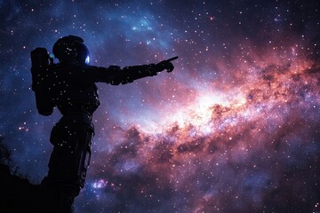 Silhouette of an astronaut pointing towards the galaxy, exploring the mysteries of outer space amid a stunning backdrop of stars and nebulae.