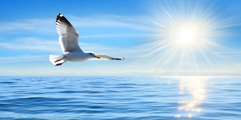 Obraz premium Seagull Flying Over Sparkling Ocean Under Bright Sun