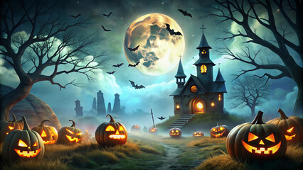 Fototapeta premium Halloween pumpkin sits in front of a castle house with bats flying around with a full moon in the background. Halloween Night