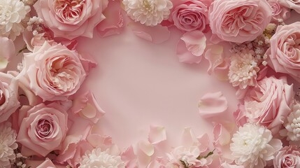 A frame of delicate pink roses and white flowers with petals scattered around, creating a romantic and soft border on a blush background.