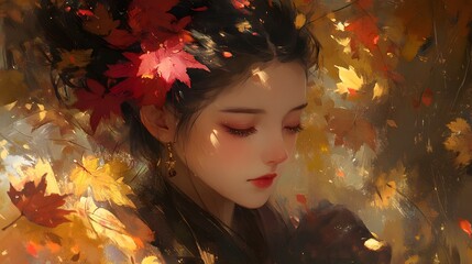 A girl with autumn leaves in her hair, surrounded by golden and red foliage, in the style of Chinese painting