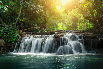 Obraz premium Generative ai on theme of beautiful majestic waterfall in natural nature, national park attraction