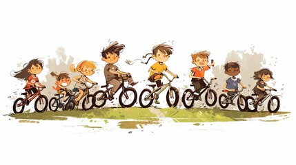 Obraz premium Joyful group of kids riding bicycles in a vibrant landscape