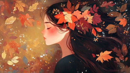 A girl with autumn leaves in her hair, surrounded by golden and red foliage, in the style of Chinese painting