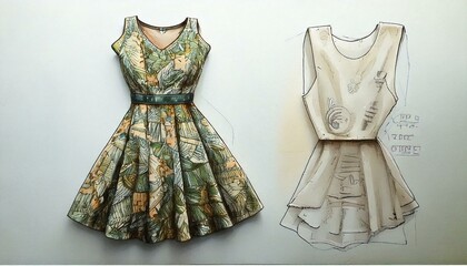 Watercolor illustration of a frock made from 100% recycled materials, with detailed fashion design plans and measurements.