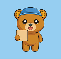 A small winking bear cub in a cap sits with a large sign in his hands 