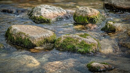 A detailed shot of moss-covered rocks in a Korean mountain stream with clear water.