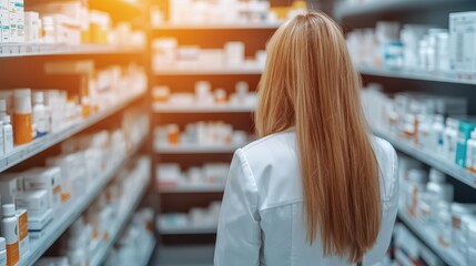 A pharmacist reviews shelves filled with various medications in a well-organized pharmacy.