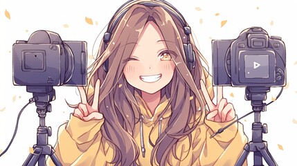 Animated female gamer ending her vlog with excitement and charm