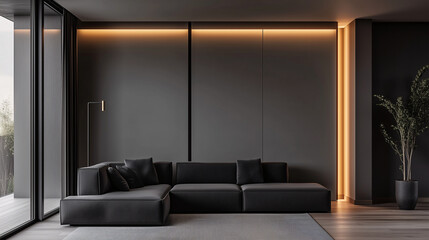 Fototapeta premium Monochrome minimalist living room with a black sectional sofa, a single floor lamp, and modern abstract art on the walls