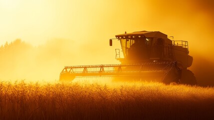Fototapeta premium Combine Harvester in Wheat Field at Sunset Agricultural Harvest. Agriculture, Farming, Golden Hour.