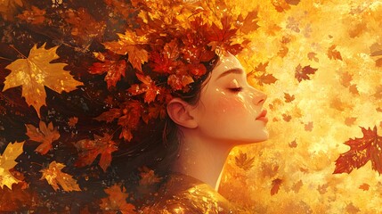 A girl with autumn leaves in her hair, surrounded by golden and red foliage, in the style of Chinese painting