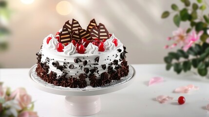 Photography of a close-up of a plate with a slice of birthday cake, adorned with sprinkles and a small birthday candle, set on a decorated table with other party treats for the birthday celebration
