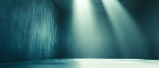 Obraz premium A dark room illuminated by light from the ceiling A focused beam emerges from the room's midpoint, ending in a luminous point