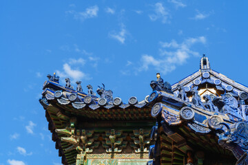 Decoration details of gates and palaces in the Temple of Heaven under blue sky,  a major landmark and travel destination in Beijing, China