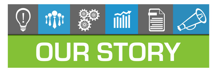 Our Story Blue Green Box Business Symbols On Top Squares 