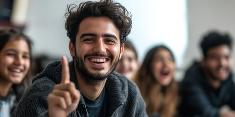 Fototapeta premium Smiling young man with friends, showing excitement and engagement in a lively discussion. Group enjoying conversation, expressing joy and unity.