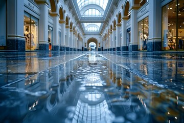Fototapeta premium Reflections on a polished shopping mall floor after a rain shower in an elegant retail corridor