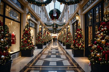 Fototapeta premium Festive holiday decorations in a beautifully adorned shopping arcade filled with Christmas trees and lights