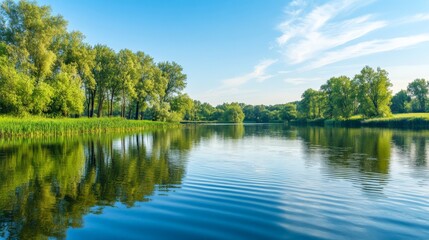 Obraz premium Serene Lakeside Landscape with Reflective Waters and Lush Foliage