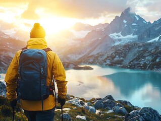 A hiker in a yellow jacket watches the sunrise over a stunning mountain lake, surrounded by rugged peaks and tranquil waters.