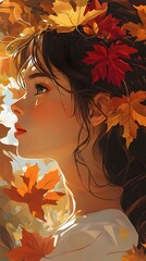 A girl with autumn leaves in her hair, surrounded by golden and red foliage, in the style of Chinese painting
