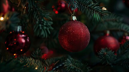  Red toys hang on a Christmas tree, Christmas Background, Christmas Decoration, New Year's eve 