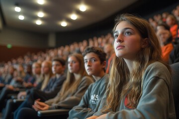 Fototapeta premium Students attentively listen during a lecture in a large auditorium, capturing the essence of academic engagement and focus.