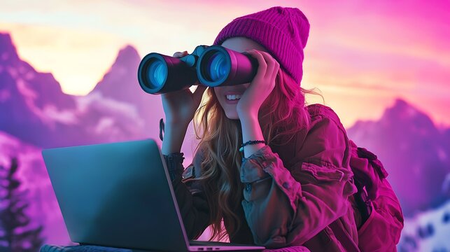 A woman in a beanie uses binoculars while sitting by a laptop, surrounded by mountains at sunset, creating a vibrant and adventurous atmosphere.
