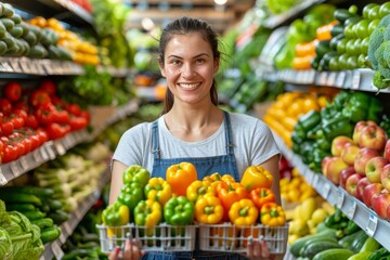 Obraz premium Smiling woman holding a basket of colorful peppers in a fresh produce section of a grocery store