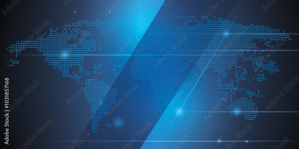 Poster world map in blue digital style with natural light lines