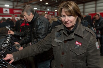 Fototapeta premium Shoppers browsing through clothing racks at a bustling market event in winter, focusing on quality outerwear options for the cold season