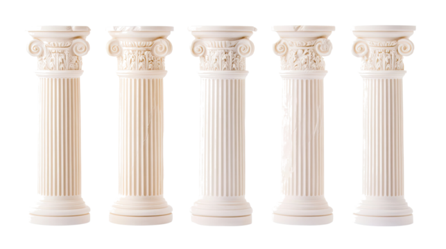 Set of Five Greek Columns Isolated on a Transparent Background Generative AI