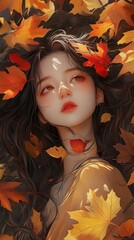 A girl with autumn leaves in her hair, surrounded by golden and red foliage, in the style of Chinese painting
