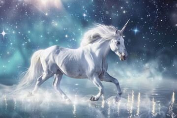 Obraz premium Fantastically beautiful mythological pink unicorn with long horn