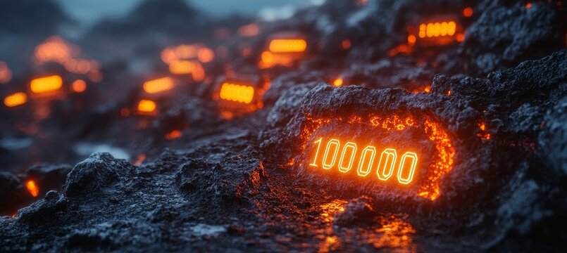 Glowing Number 100,000 In Volcanic Rock, Symbolizing Technological Advancements And Progress