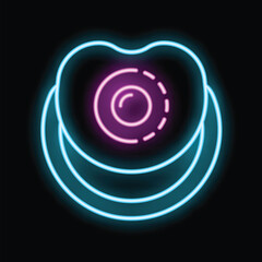 Glowing neon sign representing a cut peach fruit with pit on black background