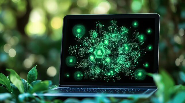 A laptop screen showing a futuristic green tech symposium, emphasizing the latest in eco-friendly business solutions