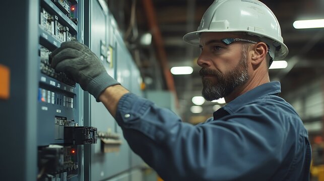 An electrician installing surge protectors on an industrial control panel in a manufacturing facility.