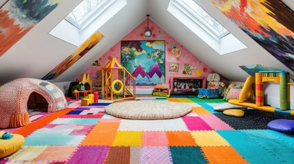 A whimsical attic playroom with a colorful patchwork of rugs
