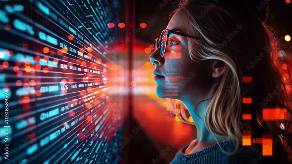 Poster the young woman stands still, her profile illuminated by colorful data streams on a digital display.