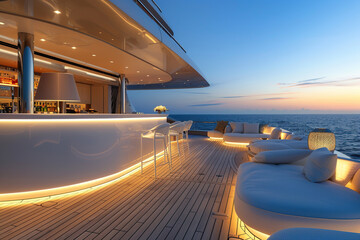 Luxury private motor yacht in tropical sea with soft blue wave on beautiful nature background