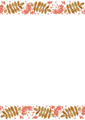 Red Rowan berries and sepia leaves. Monochrome pattern. Invitation card and background template. Watercolor illustration.