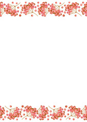 Small red Rowan Berries. Colorful pattern. Invitation card and background template. Watercolor illustration.