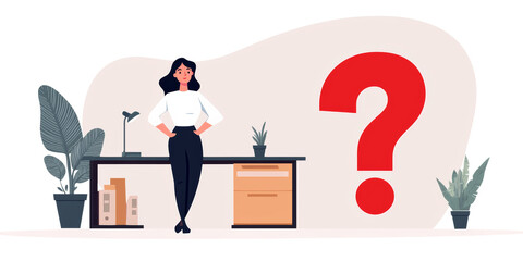 Confident businesswoman standing next to a desk with a large question mark, symbolizing decision-making and problem-solving in the workplace.