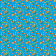 Watercolor seamless pattern with seaweed, animals and fish