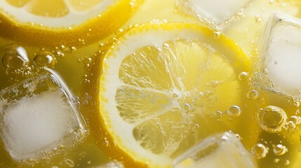 Refreshing lemon slices floating in sparkling water with ice cubes