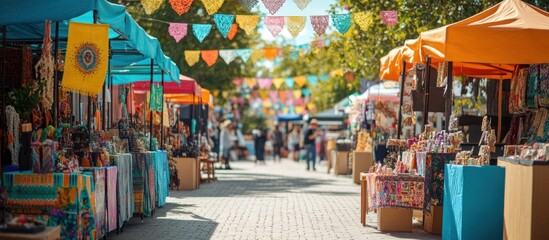 Fototapeta premium A vibrant street market with colorful stalls and decorations, showcasing handcrafted goods, in a sunny and bustling atmosphere.